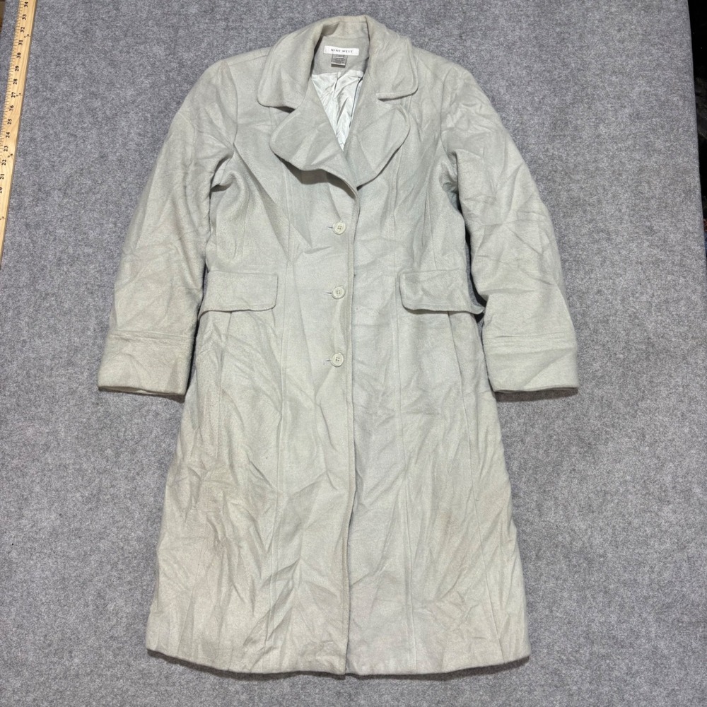 Nine West Women‎ Light Gray Long Trench Coat Button Front Flap Pockets Size M